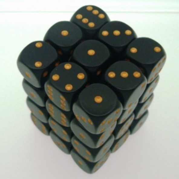 36 d6 Dice Chessex OPAQUE BLACK GOLD 25828 Dadi immagine 1