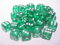 36 d6 Dice Chessex TRANSLUCENT GREEN WHITE 23805 Dadi