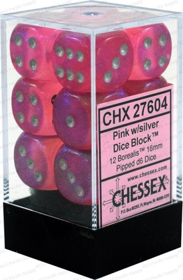 12 d6 Dice Chessex BOREALIS PINK White 27604 Dadi ROSA Bianco