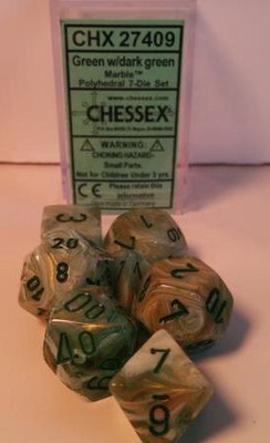 7 Dice Chessex MARBLE GREEN DARK GREEN 27409 Dadi