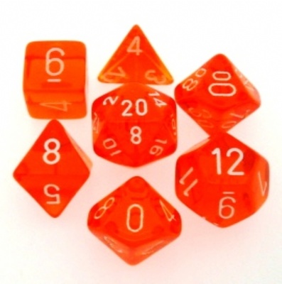 7 Dice Chessex TRANSLUCENT ORANGE WHITE 23073 Dadi