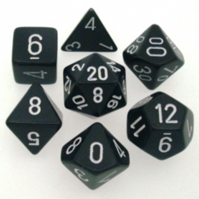 7 Dice Chessex OPAQUE BLACK WHITE 25408 Dadi