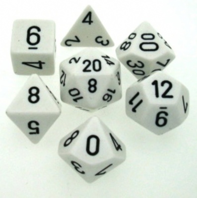 7 Dice Chessex OPAQUE WHITE BLACK 25401 Dadi