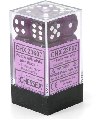 12 d6 Dice Chessex TRANSLUCENT PURPLE WHITE 23607 Dadi