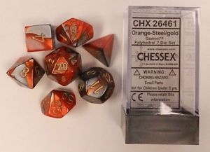 7 Dice Set Chessex GEMINI ORANGE STEEL gold 26461 Dadi Arancione Acciao oro