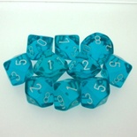 10 d10 Dice Set Chessex TRANSLUCENT TEAL white 23215 Dadi TRASPARENTI CIANO bianco