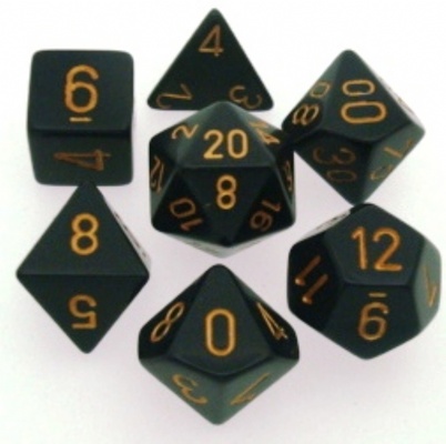 7 Dice Chessex OPAQUE BLACK GOLD 25428 Dadi