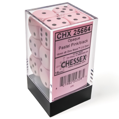 12 d6 Dice Chessex Pastel PINK black 25664 Dadi