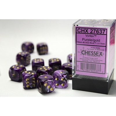 12 d6 Dice Chessex Vortex PURPLE gold 27637 Dadi VIOLA oro