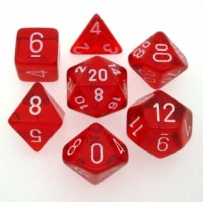 7 Dice Chessex TRANSLUCENT RED WHITE 23074 Dadi