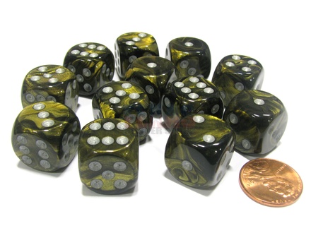 12 d6 Dice Chessex LEAF BLACK GOLD SILVER 27618 Dadi
