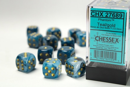 12 d6 Dice Chessex PHANTOM TEAL GOLD 27689 Dadi