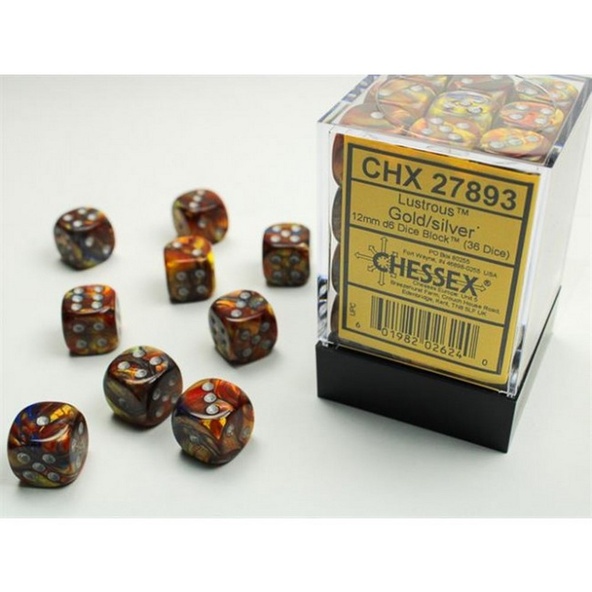 36 d6 Dice Chessex Polyedral LUSTROUS GOLD SILVER 27893 Dadi immagine 1