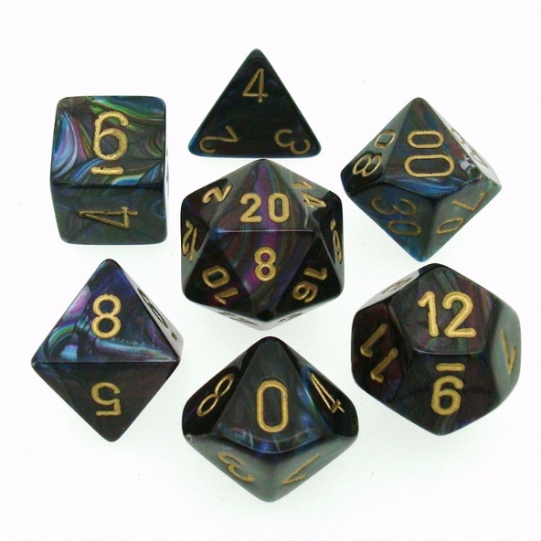 7 Die Set Chessex  LUSTROUS SHADOW gold Dice OMBRA oro Dadi Dado 27499 immagine 1