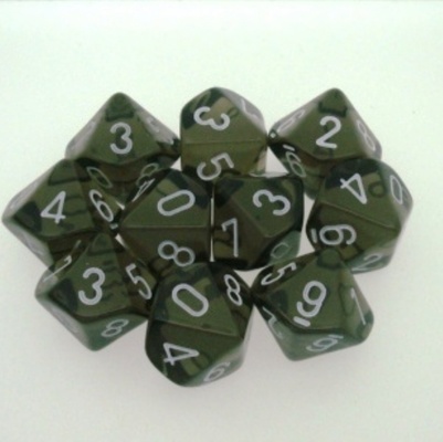 10 d10 Dice Set Chessex TRANSLUCENT SMOKE white 23208 Dadi TRASPARENTI FUMO bianco