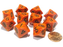 10 d10 Dice Set Chessex SPECKLED FIRE Black 25103 MACULATO FUOCO Nero Dadi Dado