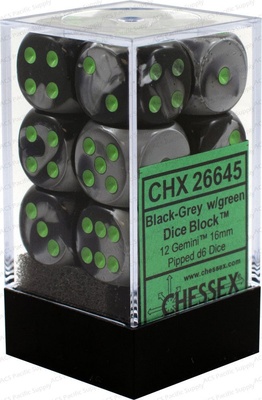 12 d6 Dice Chessex GEMINI BLACK GREY 26645 Dadi