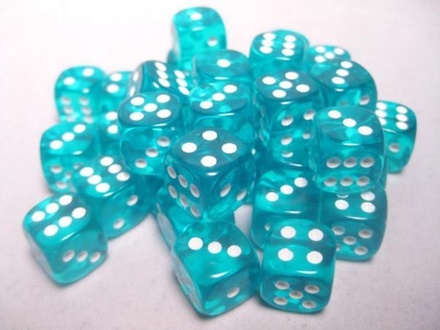 36 d6 Dice Chessex TRANSLUCENT TEAL WHITE 23815 Dadi